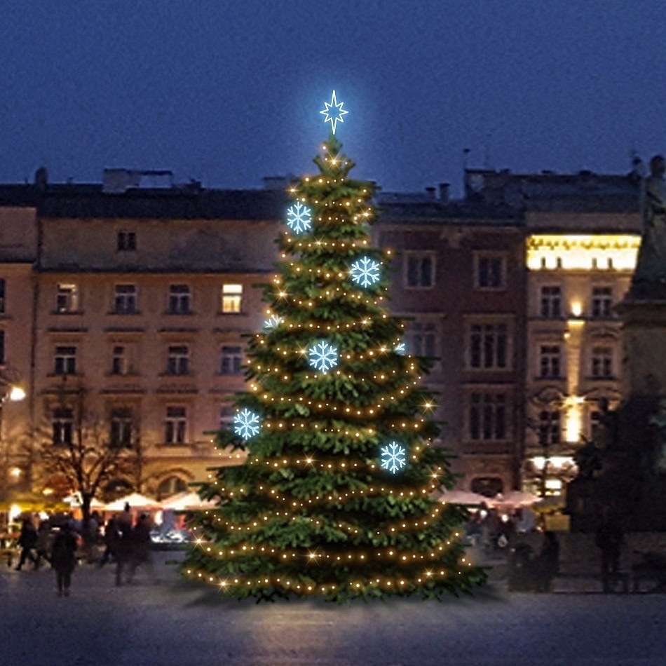 LED světelná sada na vánoční stromy vysoké 6-8 m, teplá bílá s ledově bílými dekory EFD01