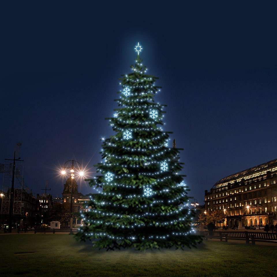 LED světelná sada na vánoční stromy vysoké 12-14 m, ledová bílá s dekory EFD01